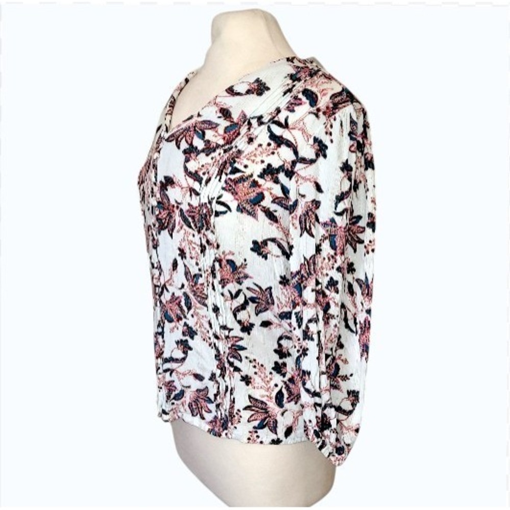 One World White Floral Boho Button 3/4 Balloon Sleeve Peasant Festival Blouse L - Picture 3 of 11